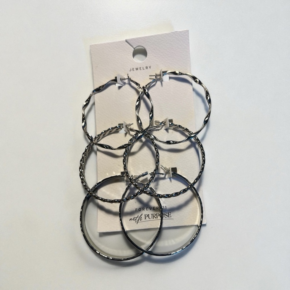 Forever 21 Silver-Tone Large Hoop Earrings – Set of 3, NWT